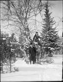 Josef står i snön vid ett träd. Sara sitter uppe i trädet,  Östhammar, Uppland