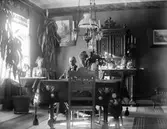 två kvinnor och en man i en salong.