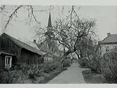 Trädgård med uthus och bostadshus och staket i änden av gången. I bakgrunden höjer sig en kyrkspira samt en större byggnad.