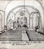 Teckning av långhuset i Persnäs kyrka.