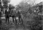 Tre unga män står ute i trädgården, sannolikt Svensgården i Dalarna