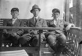 Tre ungdomar, två av sönerna Liljefors, sannolikt Alf och Roland, sitter på en bänk, sannolikt på veranda till bostadshus i Sverige