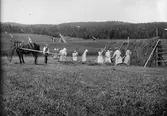 Kvinnor, man och häst arbetar med höskörd, sannolikt Dalarna