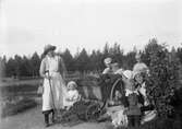 Tre kvinnor med barn, bland annat Alf, Roland och Ingemar Liljefors, ute på gården. Marit Liljefors sitter i en liten kärra, sannolikt Svensgården, Dalarna