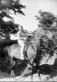 Kvinna rider med häst, sannolikt i Sverige
