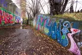 Graffiti på pappersbruket Papyrus fabriksområde i Forsåker, Mölndal, den 4/11 2014. Fotodokumentationen gjordes under perioden mellan pappersbrukets avveckling och områdets nyexploatering. Området var under denna tid populärt bland ungdomar som ville uttrycka sig konstnärligt med graffiti.