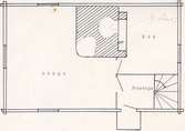 Planskiss över bottenvåningen. Endast de yttre måtten fullt exakta. skala 1:20. Stugan avsedd att rivas i augusti månad och flyttas till Ekbacken,  Torsås.