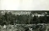 Vy över fabriksområdet med Farstaviken i förgrunden. Kvarnen syns till vänster uppe på Kvarnberget, den revs 1914.