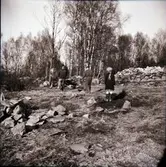 Stenröjning, troligen på Kloar-Eriks egen lycka. Elof Pettersson med häst drar bort ett lass med sten till röset. På bilden finns ytterligare en man och en flicka.