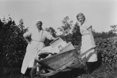 Fröken Signe och Inger Lindström, lärarinnor från Göteborg och sommargäster på Lilledalen, på väg med tvätten i en kärra tillverkad av Albin Johansson i Lilledalen. Bilden ur album som tillhört Albin Johansson.