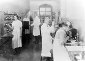 Bilden är taget inifrån Alingsås lasaretts laboratorie. 3 män och 2 kvinnor syns i rummet. På bilden syns Dr Karl Gramén, Dr Lindqvist, Dr Lindgren samt två kvinnor som saknar namnuppgift.