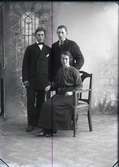 Ateljéfoto av en kvinna i en stol med två ynglingar stående bakom. Syskonbild? Beställare är troligen H Johansson.