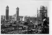 Vy från utställningsområdet under uppbyggnad. Världsutställningen i Barcelona 1929.