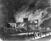 Eldsvåda på centralstation.Malmö Central invigdes första gången 1856,Stationen låg då i stadens utkant men nära färjorna till Köpenhamn som gick från Inre hamnen alldeles framför stationsbyggnaden.Byggnaden förstördes till stor del redan tio år senare, den 14 december 1866, vid en anlagd brand. Vid återuppbyggnaden kunde klocktornet från den första byggnaden behållas.