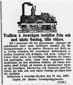 Tidningsklipp från 1857-01-31 angående inställd persontrafik mellan Jonsered och Alingsås, med anledning av transport av 'sleepers och rails' för järnvägens fullbordande.