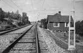 Banvaktstuga 172 vid Vallstanäs på linjen Väsby-Rosersberg. Stugan riven efter 1952. Järnvägen elektrifierades 1934.