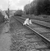 Statens Järnvägar, SJ D med vagnar vid Uttran. Filmning pågår av inkommande tåg.