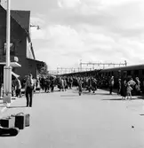 Plattformen mellan stationshuset och spår 1 med många resenärer. Pressbyråkiosk skymtar tilll vänster i bild