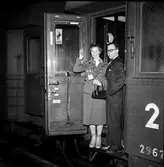 Kvinna med resesällskap.