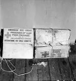 Krigsfångeutväxling i Trelleborg. Paket med texten American red cross/ Prisoner of war/ Food package.
