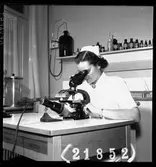 Läkarmottagning. Syster Birgit vid mikroskop.