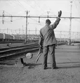 Järnvägstjänsteman ger signal.