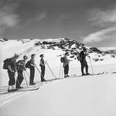 Skidåkare, tåghemsresenärer i terrängen.