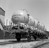 Statens Järnvägar, SJ storbehållarvagn lastad med fem klotformade behållare