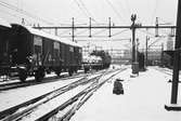 Stockholm Centralstation, vinterbild. Klarabergsvidukten och Stadshudet i bakgrunden.