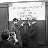 Trelleborg färjeläge.
SJ - DR.
Trelleborg - Sassnitz. Mer än 2.000 000 ton. Under 1970. Nytt rekord