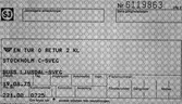 Statens Järnvägar, SJ  färdbiljett Nr 6119863
Repro.
EN TUR OCH RETUR 2 KL
STOCKHOLM C - SVEG
BUSS LJUSDAL