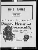 Omslag till, Romney Hythe and Dymchurch Rly, RHDR tidtabell för juni 1938.