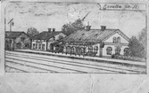 Järnvägsstation i Ervalla. (Bilden är en teckning  av stationsmiljön)