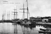 Del av hamnen i Falkenberg.
I förgrunden syns några segelfartyg som trafikerade Falkenbergs 
hamn i slutet av 1800 talet och i början av 1900 talet.