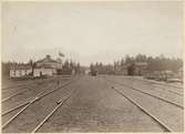 Frövi 1874 station och bangård med tåg.