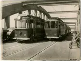 Spårvagnar på Krüger & Toll-bron över bangården. Bron färdigbyggd 1924.