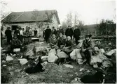 Samer och arbetare framför förrådsbyggnaden vid Rensjön. Byggnadsingenjör Höijer synes luta mot björken och doktor Skanthe står 2 man till höger om honom. Björn som passerat järnvägsbanken ligger skjuten dem.