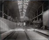 Interiör av lokverkstaden vid Stockholms Norra station.
Ångloken Statens Järnvägar, SJ U 594 och SJ Kd 728.