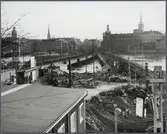 Central stationen.  Byggarbeten för nya bron över Riddarfjärden. Sträckan mellan Stockholm C och Riddarholmen.