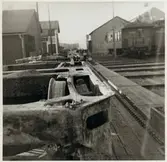 Skador på A-vagnens löpboggie efter olycka vid hållplatsen Arket 1951.