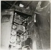Skador efter brand i apparatskåpet i A-vagnen efter olycka i Malmö 1952.