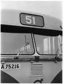 Nummerskylt och framruta med vindrutetorkare på en buss.