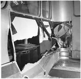 Interiör från kollisionskadad buss, Statens Järnvägars, SJ buss 2496.