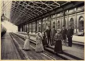 Banhallen vid Stockholm centralstation, 1893 eller 1894. 

Damerna på bilden anställda vid byrån för kombinerade biljetter. 

Från vänster: Fröken Elin Lundberg, död omkring 1900, dotter till J.H.Lundberg, Fröken Anna Wallin, Fröken Ellen Ström, syster till trafikdirektör E.Ström och gift med Stins K.A.Smedmark Hudiksvall, Stationsskrivare E.F.Björkman, Trafikdirektörsassistenten F. Rydbeck, sedemera trafikinspektör, död 28/2 1911, Fröken Victoria Westerlund, Kontorsskrivare O.A. Norbäck, död 1919 samt Stationsinpektor W.H.Kock, Död 1917.
