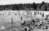 Tranvikens badplats är fylld av badsugna sommargäster. Vykort utgivet av SCA.