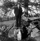 EN MAN STÅENDE PÅ EN HUGGKUBBE