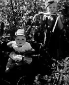 TVÅ BARN VAR AV DEN ENE KÖR DEN MINSTE I EN KÄRRA  UTE PÅ POTATISÅKERN.