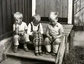 Kusinerna sitter på trappan till det gamla huset, Vommedal Östergård 2:90 