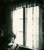 Eva Svensson Johansson, dotter till ägaren Rolf Svensson sitter vid ett fönster i Ekan 1:1 år 1953.