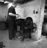 Arboga Tidning, personal och interiör. En man, iklädd overall och sandaler, håller i en plåt som ska tryckas som tidningssida. Han står vid en liten maskin med kugghjul.
Mannen arbetar i en källarlokal.